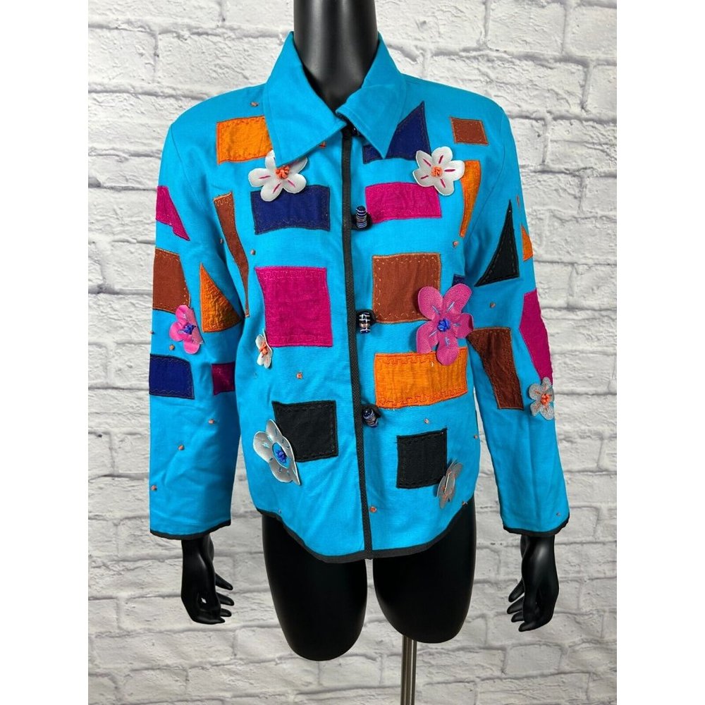 Patchington Embroidered Patches Flower‎ Beads Button Art Jacket Women's Size M